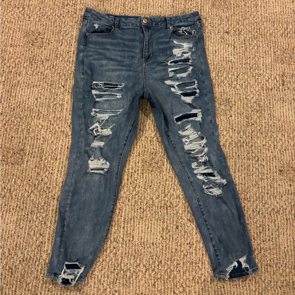 American Eagle Outfitters Ripped Blue Curvy Hi-Rise Jegging Skinny Jeans Size 16
